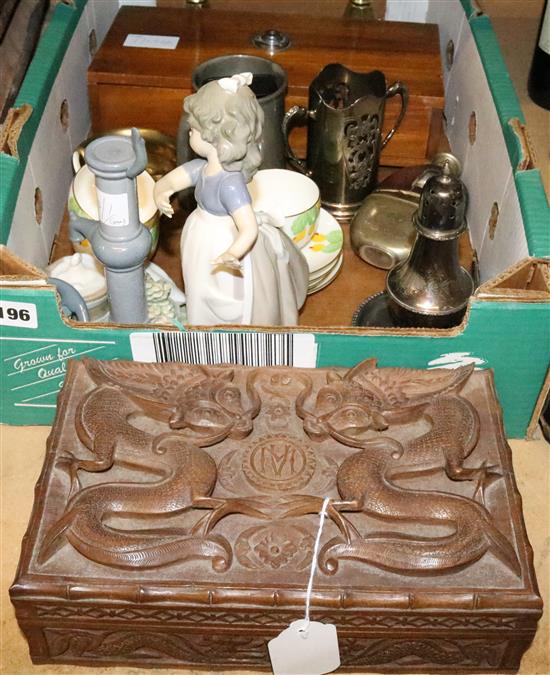 Quantity of misc items, including brass candlesticks, jewellery scales, Lladro figure etc